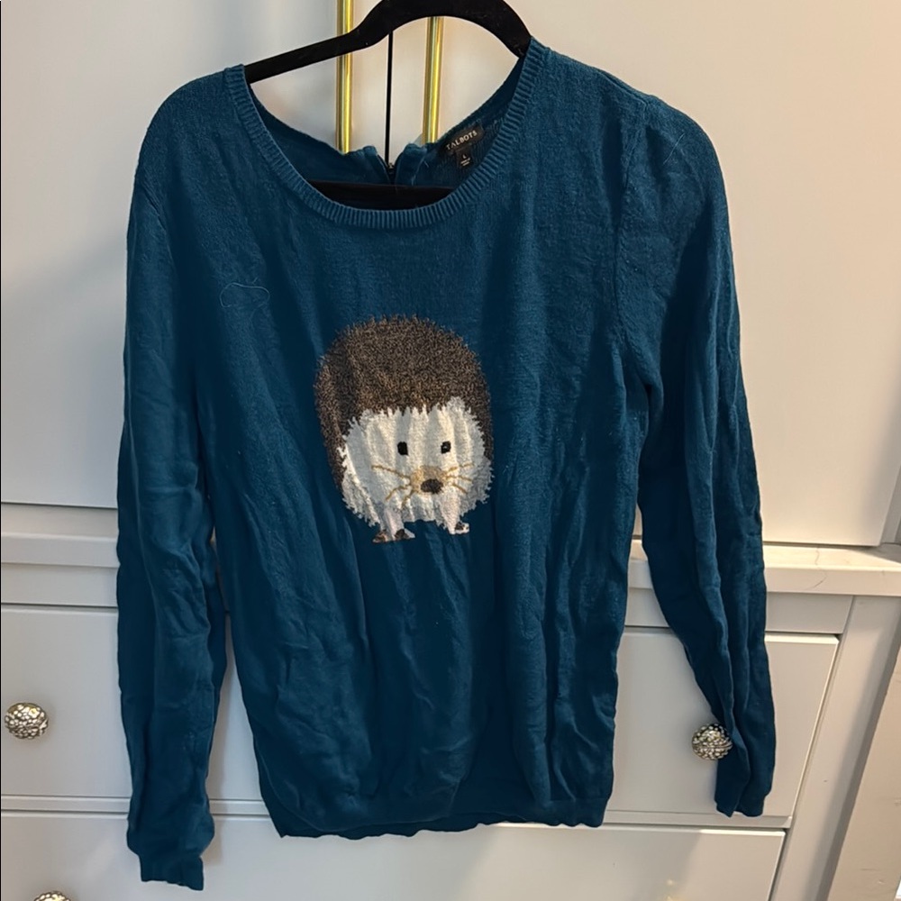 Talbots Teal Sweater with Hedgehog Design